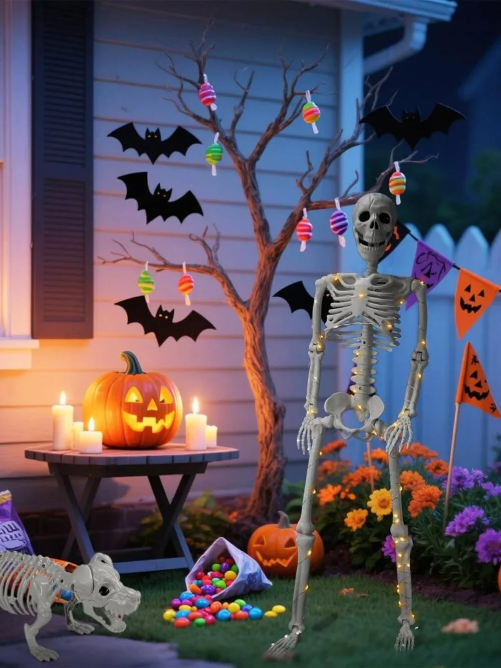 3FT Lighted Human Skeleton w Skeleton Dog Halloween Decor Posable Indoor Outdoor